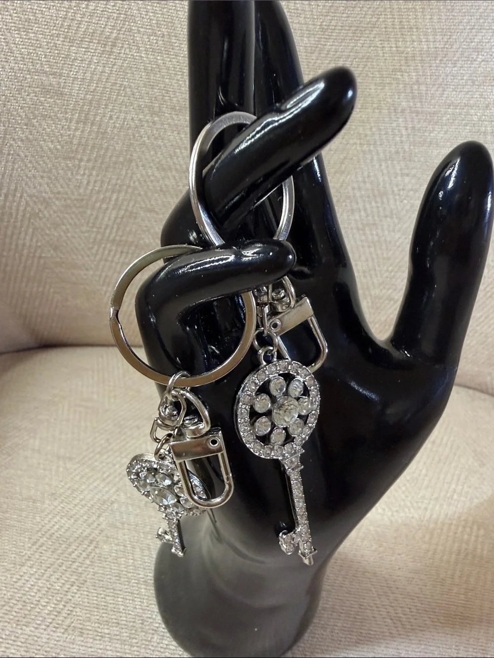 Rhinestone Key Charm Keychain - Silver Crystal Key Design (2)