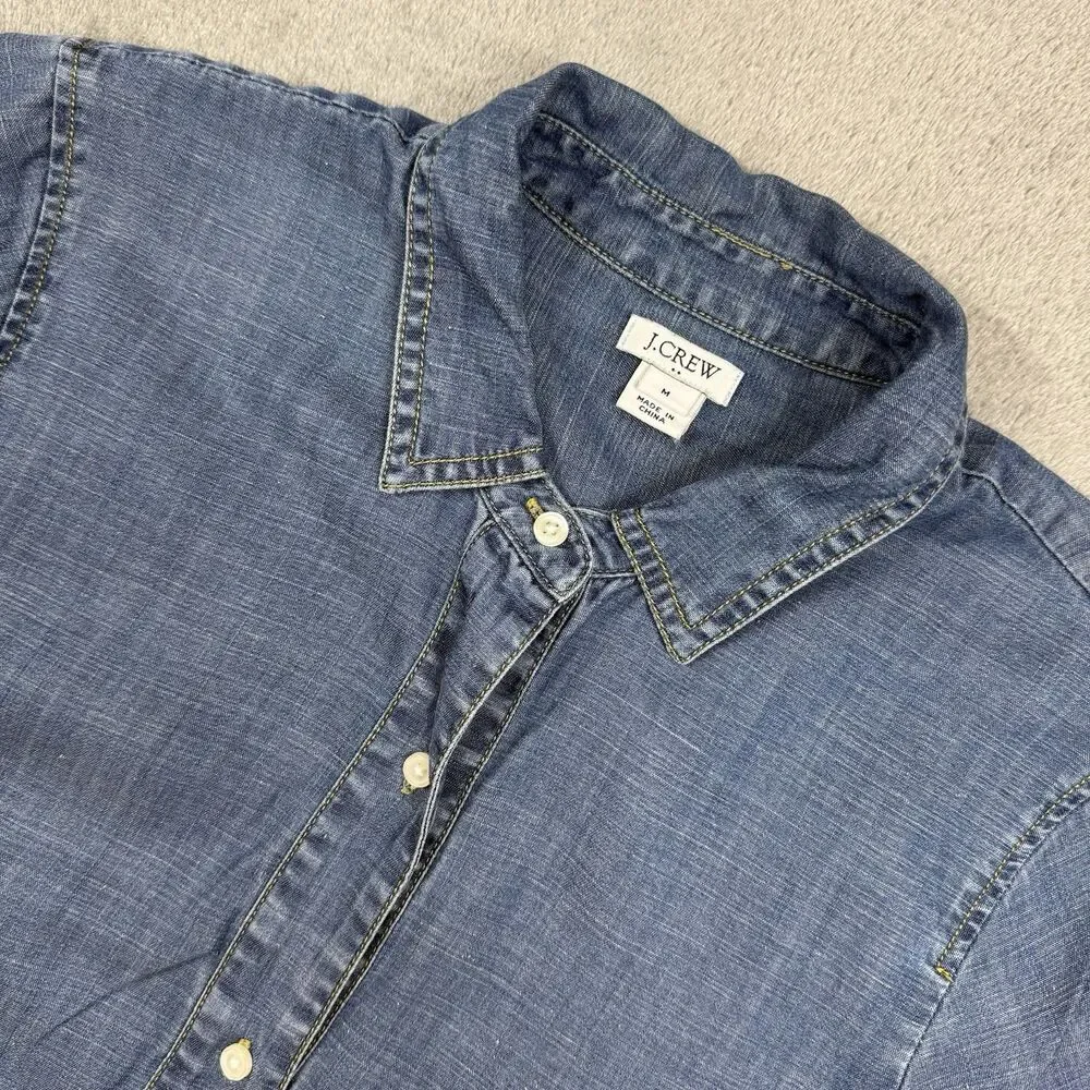 J. Crew Chambray Shirt Women's Medium Blue Short Sleeve Popover Casual Preppy