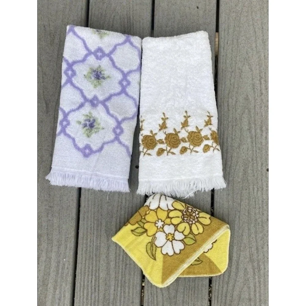 VTG 70s Floral Bath Towel Set Cannon Fieldcrest Dundee USA Cotton Fringe MCM