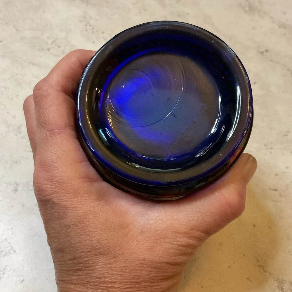 VTG Fenton Colbalt Blue Carnival Glass Powder Jar Orange Tree No Lid 1920's 3