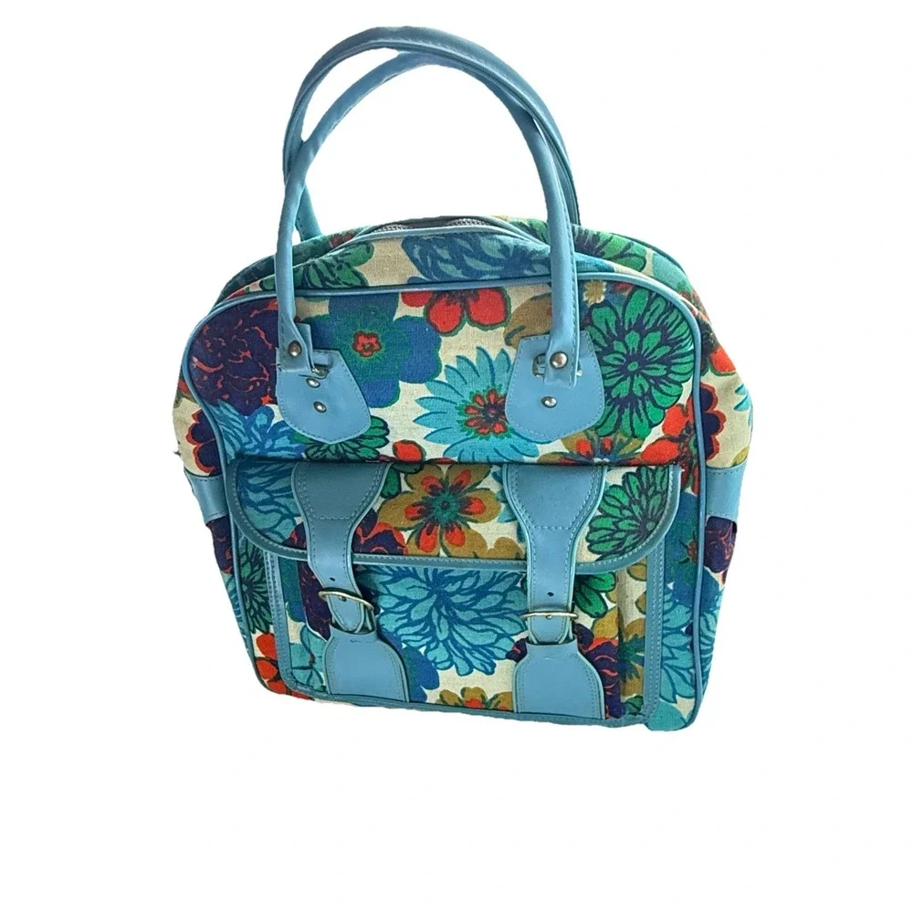 Rare Vintage 1960s Japanese Mod Floral Bowling Bag Embossed Turquoise Canvas