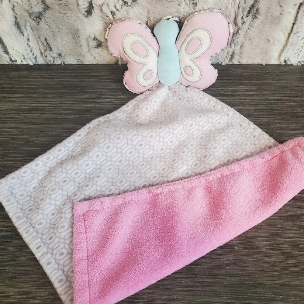 Babies R Us‎ Plush Butterfly Lovey Security Blanket Gray Geometric,  Pink Fleece
