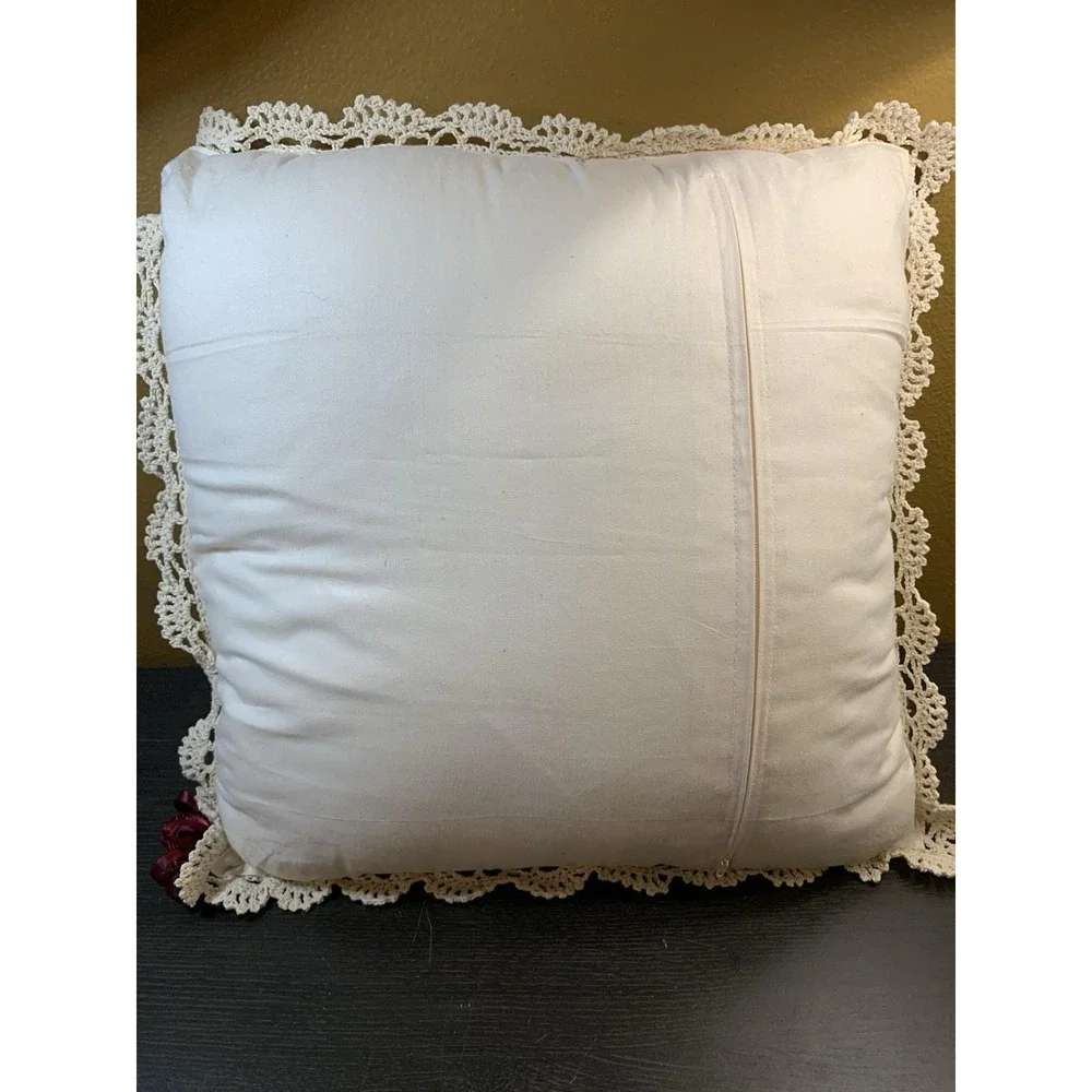 Vintage Crochet Lace Throw Pillow Cream Burgundy Ribbon Rosebuds Square 13x13
