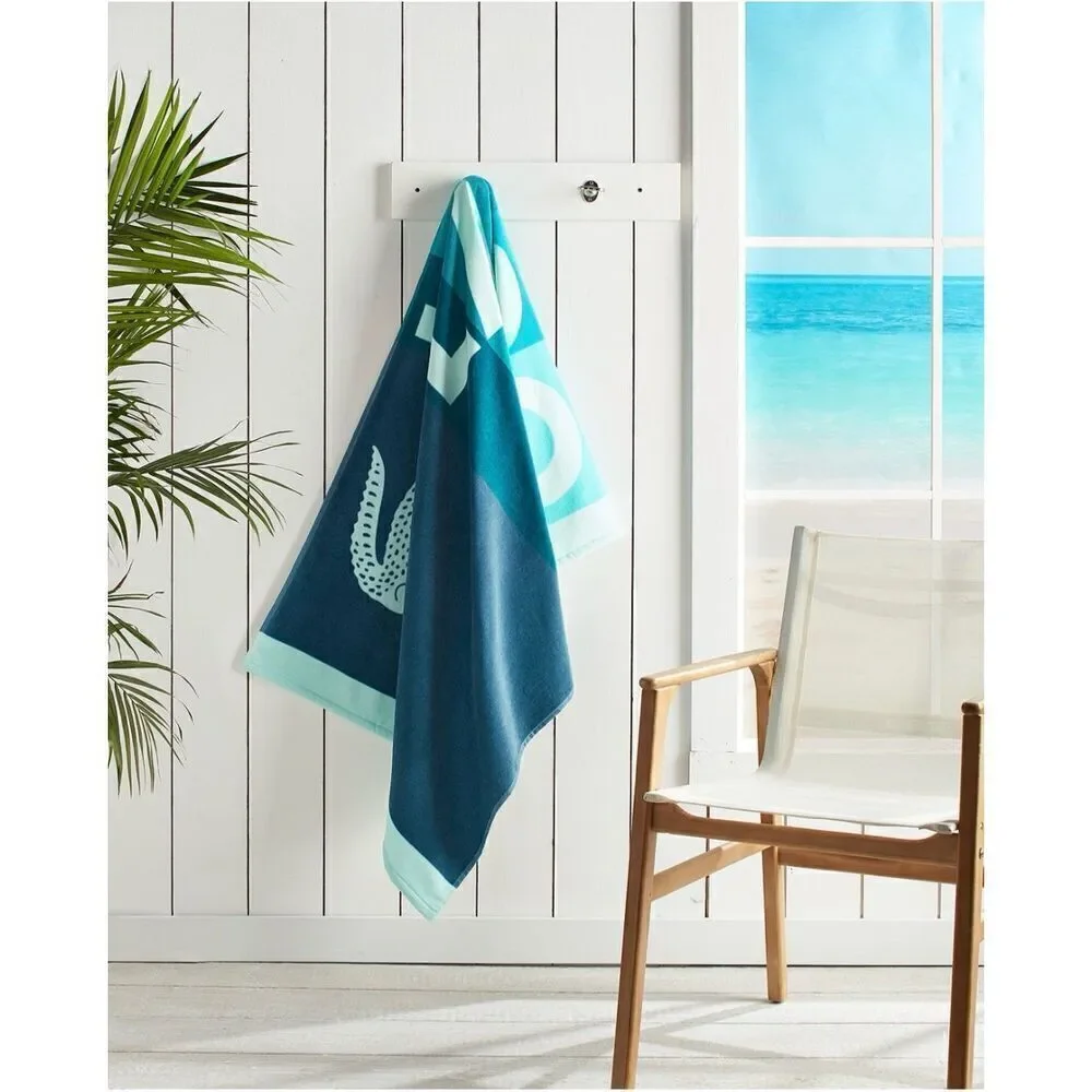NWT Lacoste Gorgeous Green Ombre Blocks Logo 100% Cotton Big 72”x36” Beach Towel