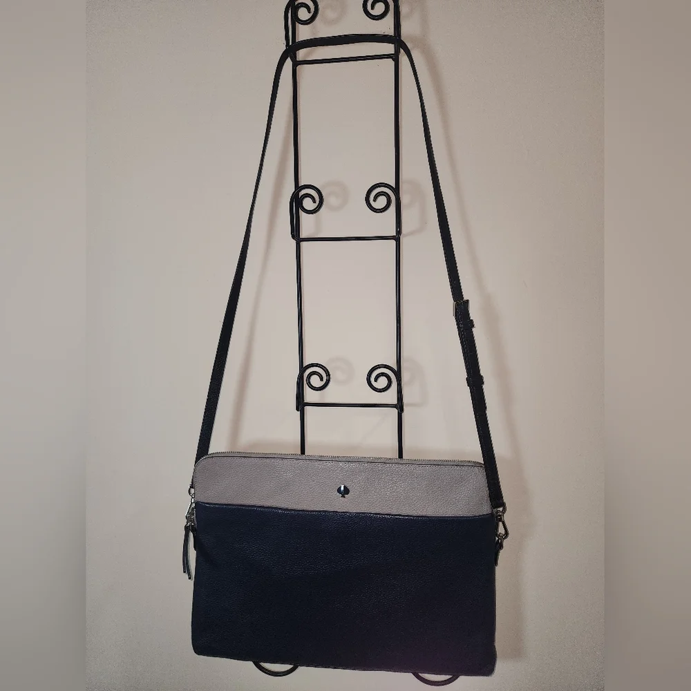 Kate Spade New York Leather Laptop Gray Navy Blue Black Case Carryall Bag