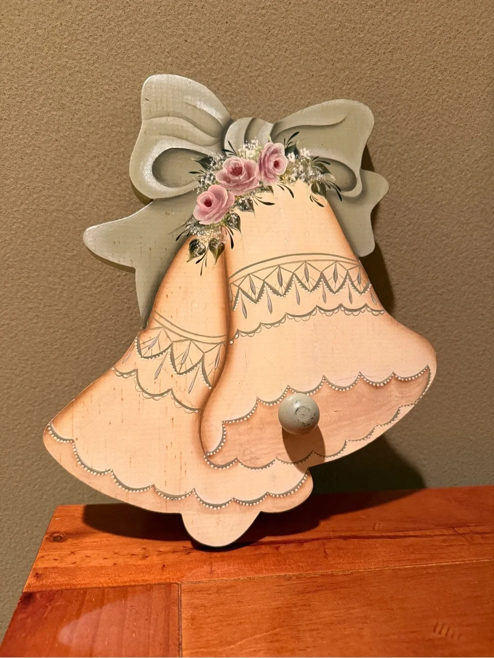 Vintage Musical Wedding Bells Wall Plaque Pink Roses Cottage Decor Music Box