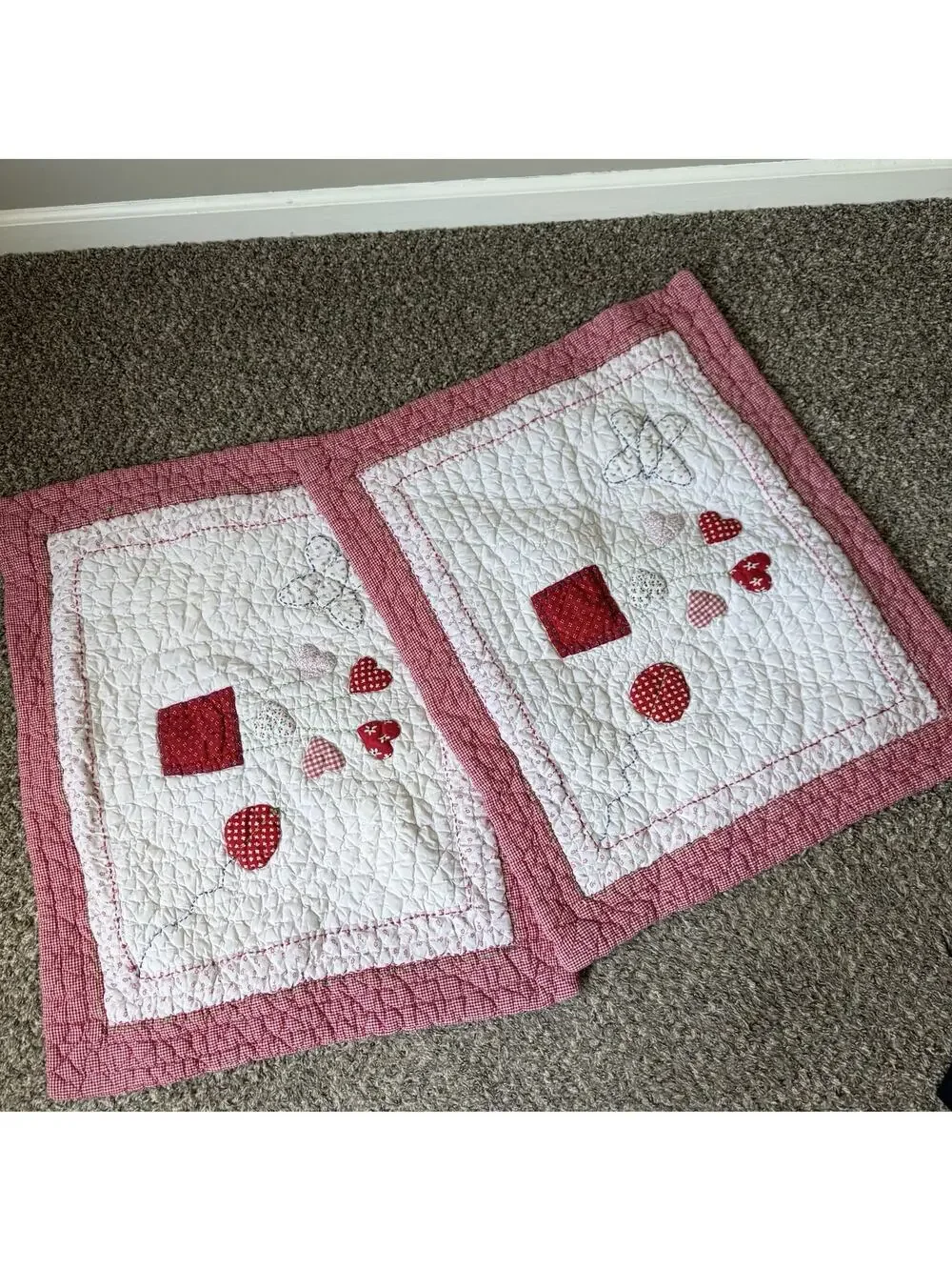 (2) Pottery Barn Kids Quilted Pillowcases Shams Red White Gingham Heart 30 X 24