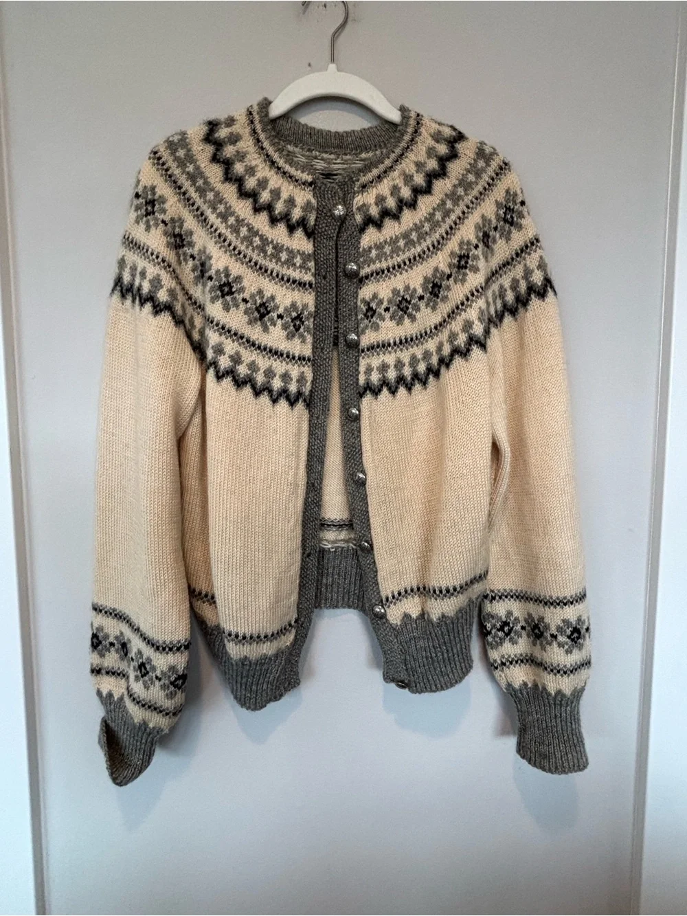 Wool Nordic-Style Cardigan Sweater - Cream & Gray