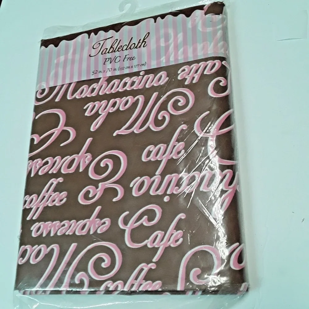 52 x 70 Inch Pink Coffee Sayings Brown Background Vinyl Flannel Backing PVC Free