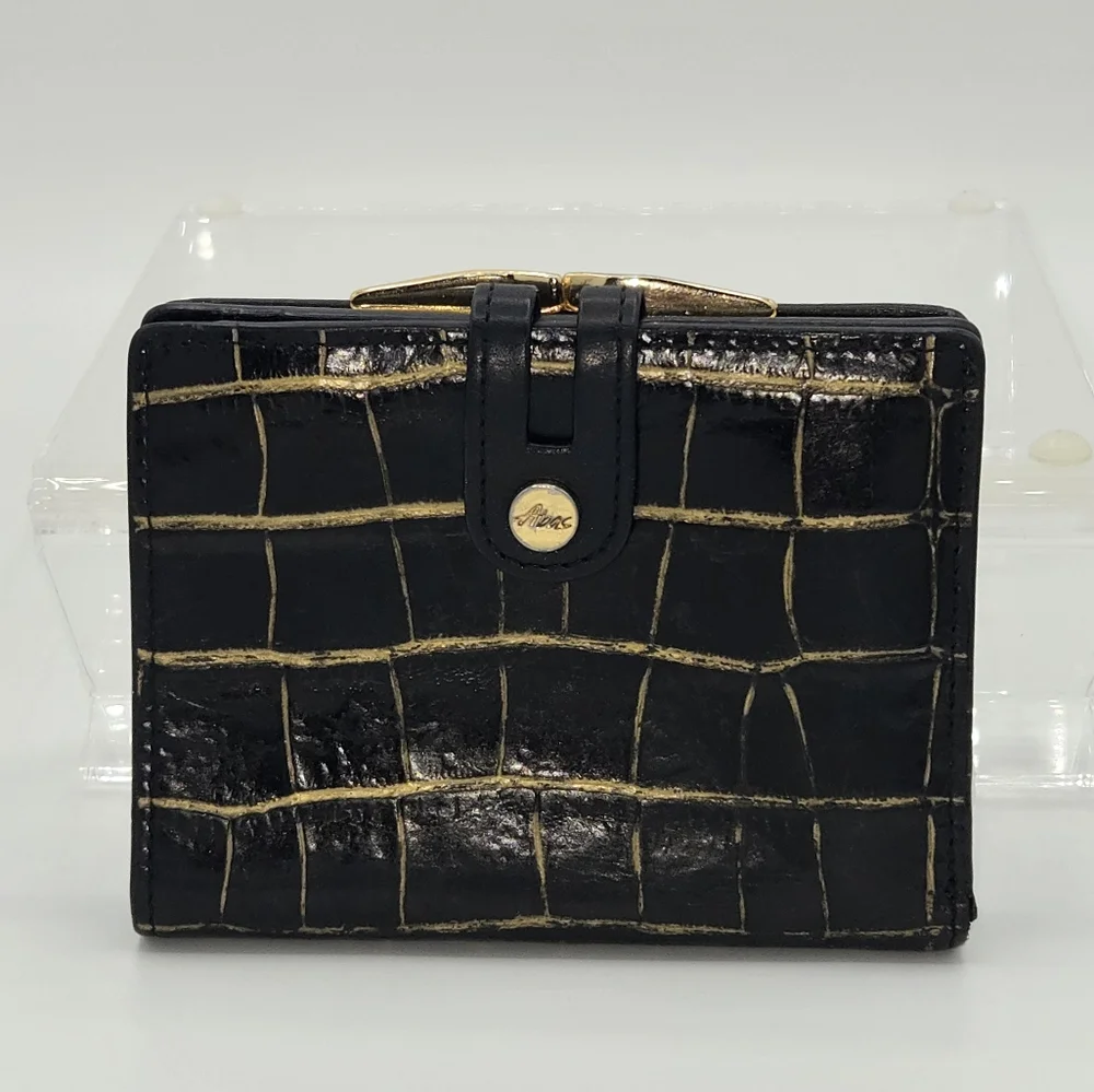 Alligator Leather Kisslock Wallet Abas Black Gold Tone Vintage Luxury