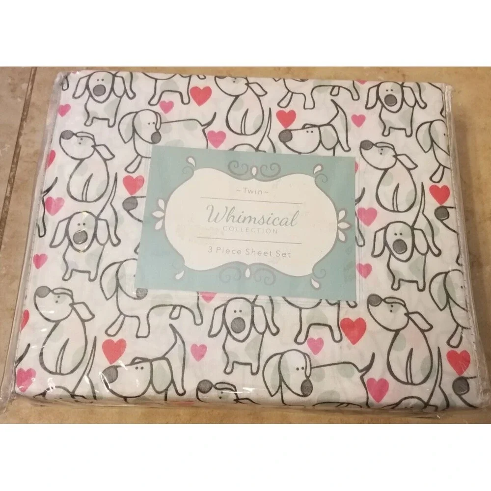 Whimsical Collection TWIN 3pc Sheet Set Puppy Love Dog Hearts White NEW‎