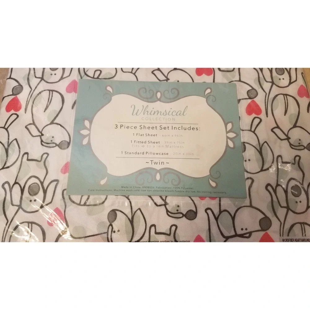 Whimsical Collection TWIN 3pc Sheet Set Puppy Love Dog Hearts White NEW‎