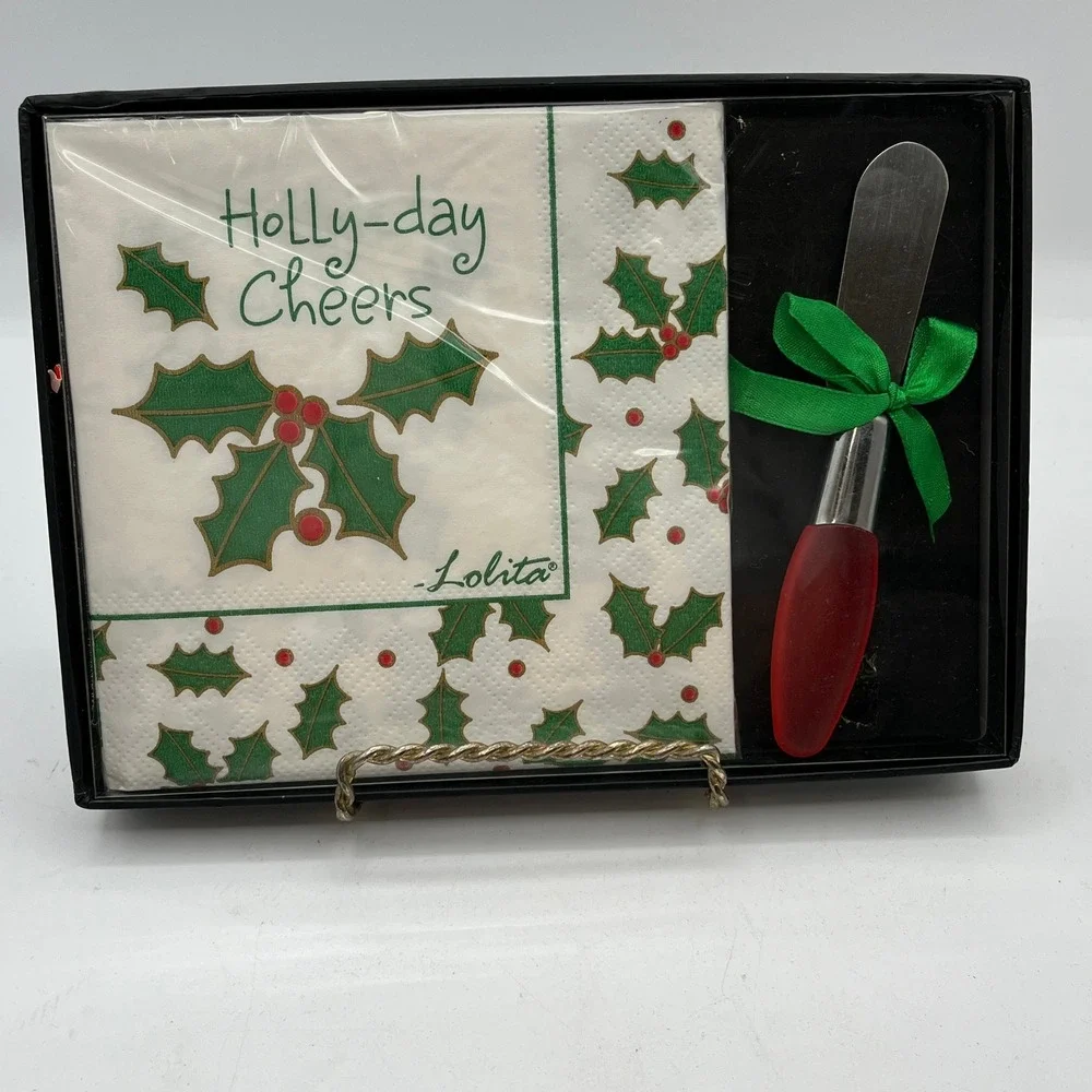 New W/ Tag Lolita Holly Berry Hostess Set 20 Napkins & Spreader Christmas‎ Theme