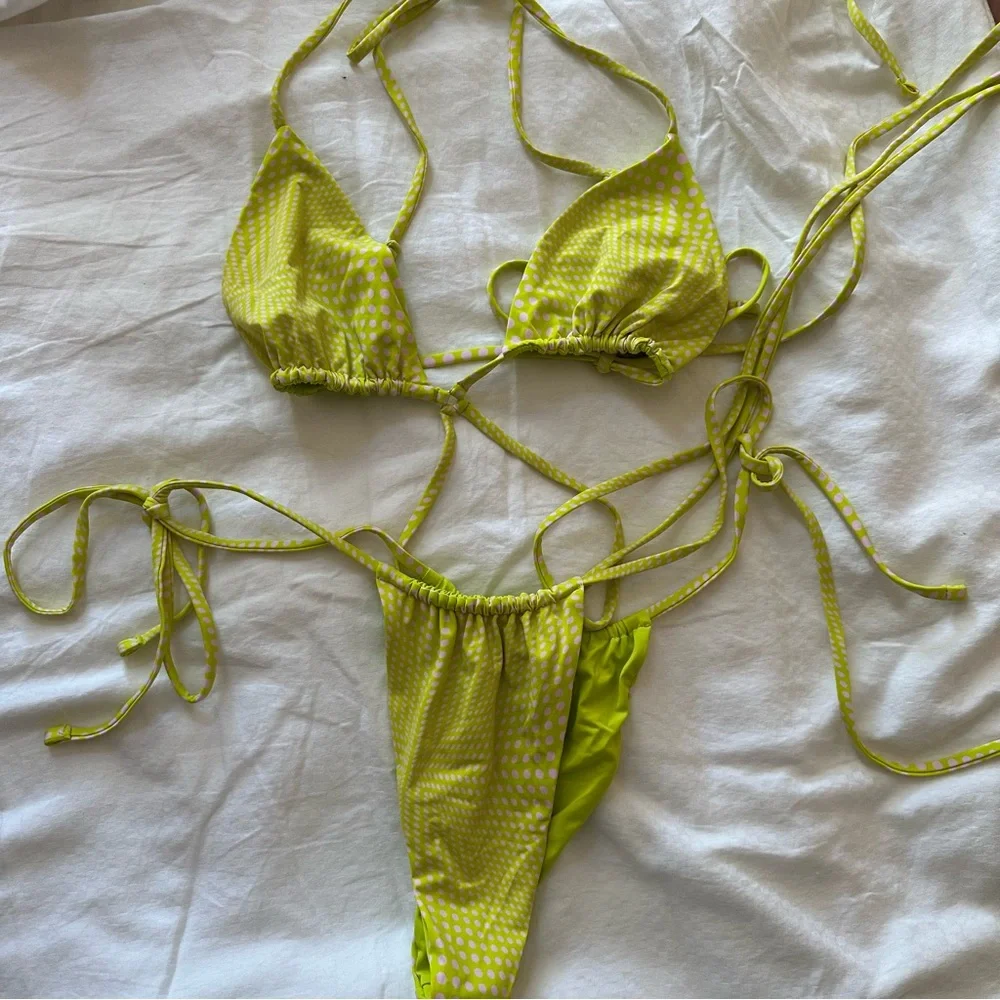 Frankie's Bikinis Neon Lime Patterned String Triangle Bikini