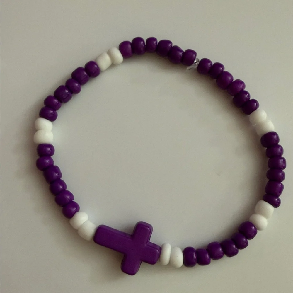 Purple and White Beaded Cross Bracelet for Kids
