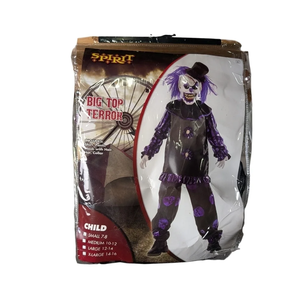 Spirit Halloween Creep Clown Costume Big Top Terror Purple Black Mask Hat Collar