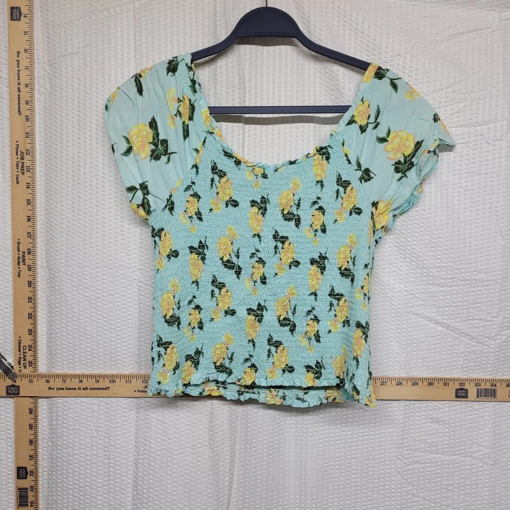 Justice Girls Blue Floral Smocked Bodice Top Yellow Rose Flutter Sleeve 18/20