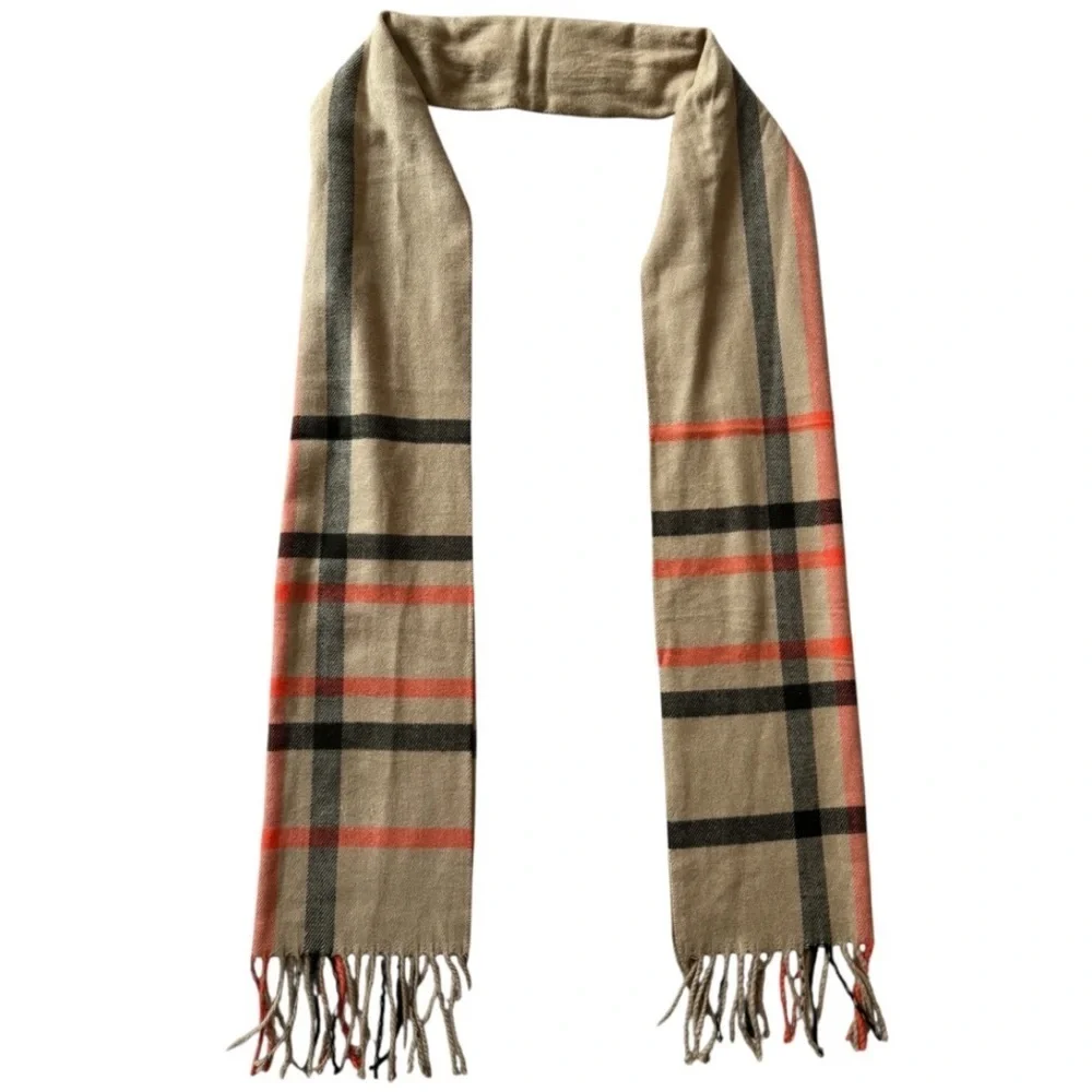 Italy Design Cashmere Blend Unisex Classic Beige, Orange & Black Checkered Scarf