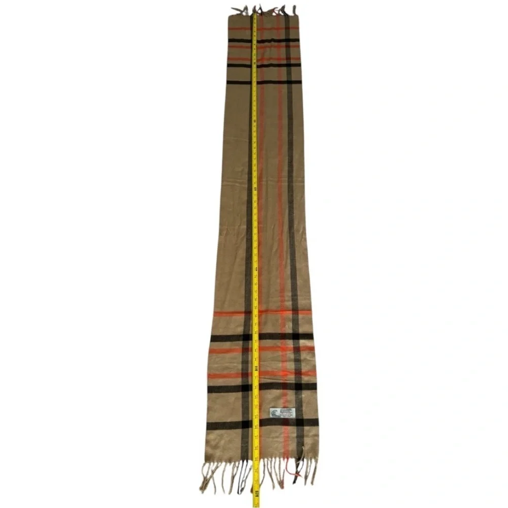 Italy Design Cashmere Blend Unisex Classic Beige, Orange & Black Checkered Scarf