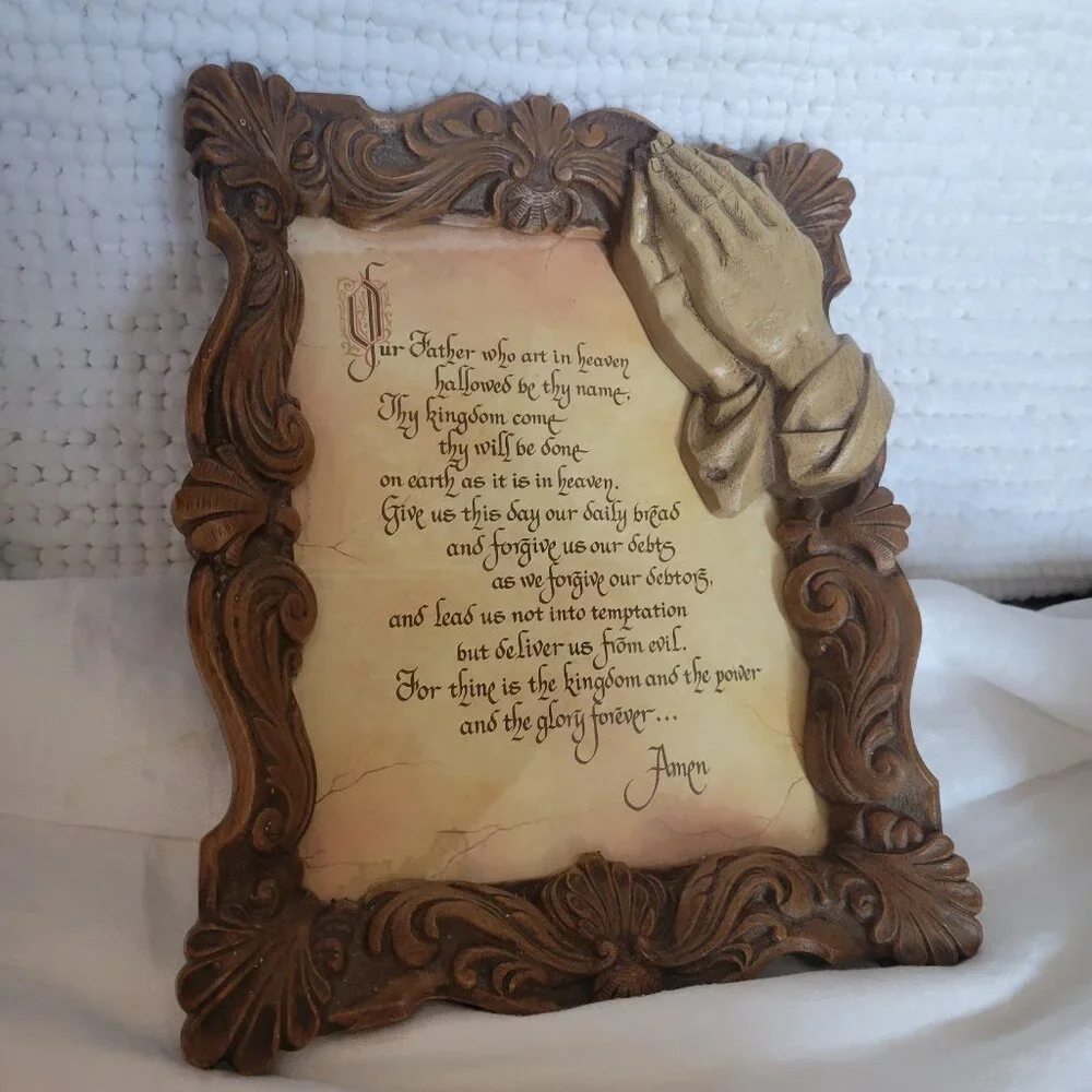 Vtg Lord's Prayer framed Picture Ornate 10x13” Praying Hands carved frame religi