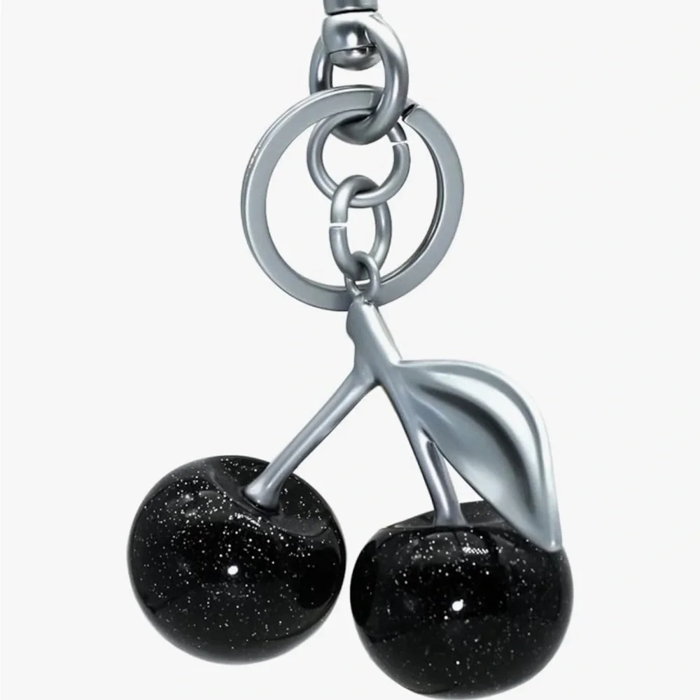 Cherry Black glitter cherry keychain, silver hardware clip into your coa…