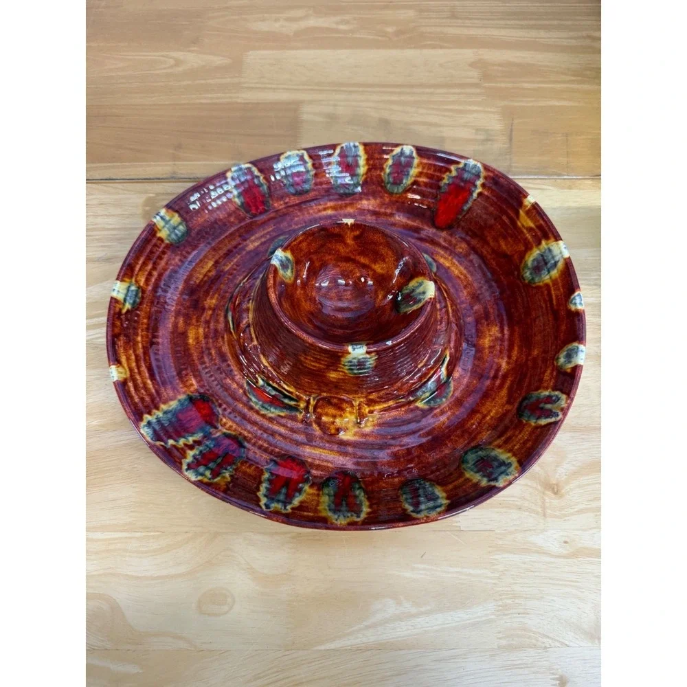 Vintage‎ Ceramic Glazed Sombrero Hat Chip & Dip Platter Bowl