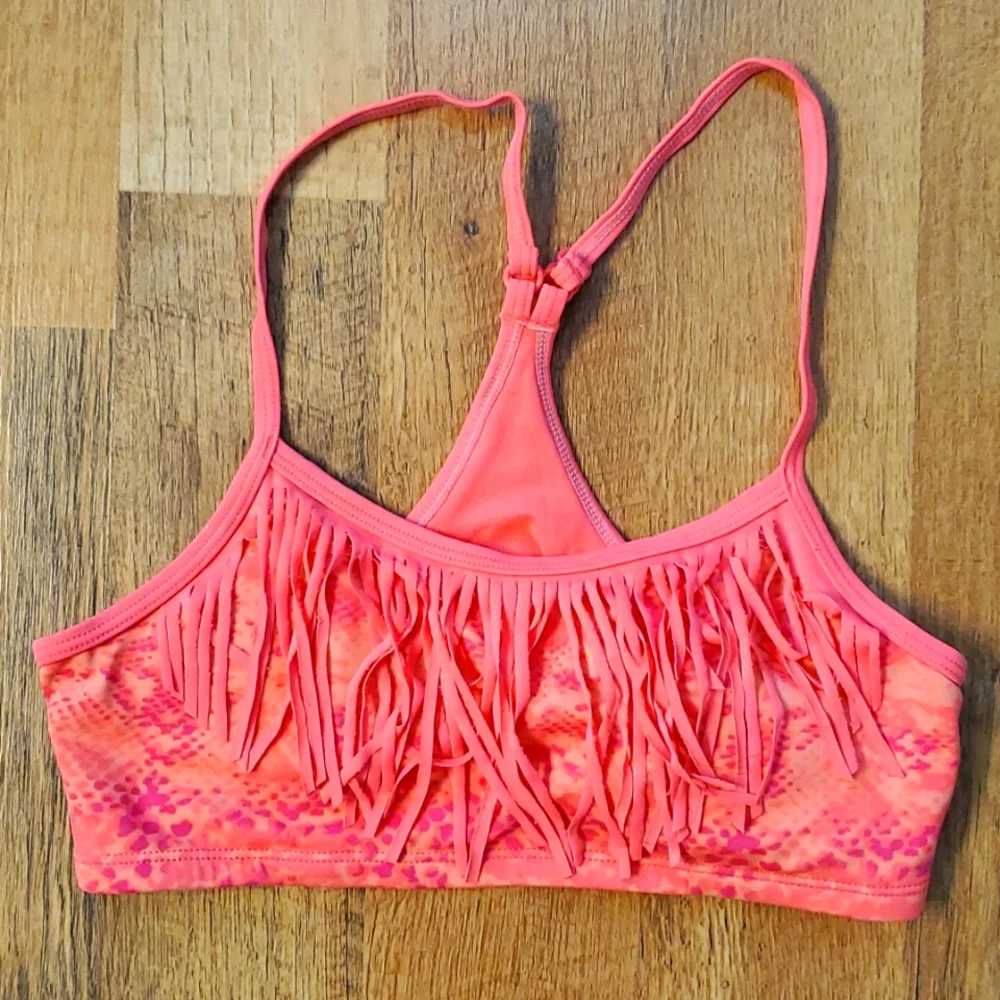 Justice Fluorescent‎ Coral Fringed Swim Bikini Top Size 14 Girl