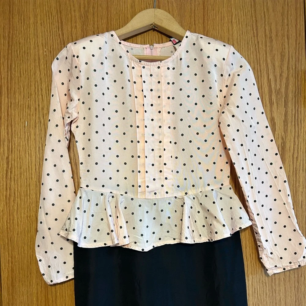Vintage 80s Jazz Girls Polka Dot Peplum Dress Pink Black Long Sleeve Retro Party