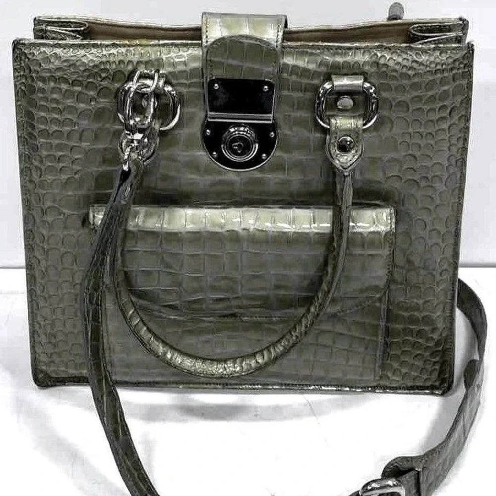NEW Francesco Rogani Roma Crocodile Embossed Leather Sage Green Metallic Bag‎