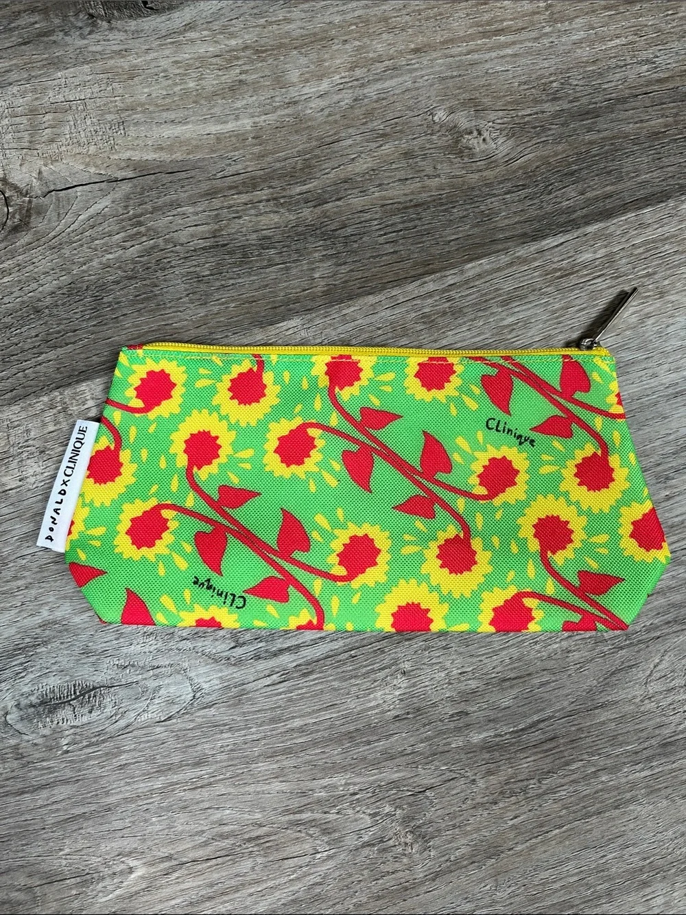 Donald x Clinique Green Floral Makeup Pouch with Yellow & Red Accents