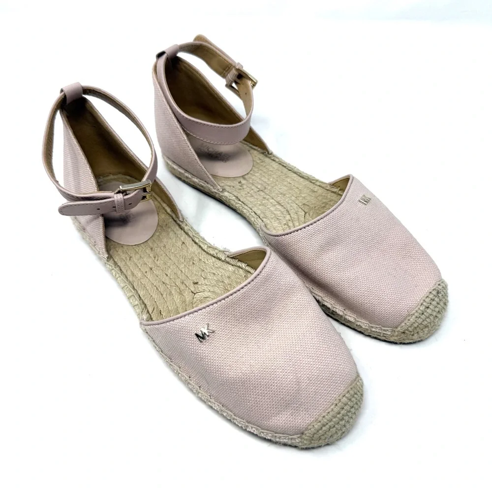 Michael Kors Womens Blush Pink Canvas Ankle Strap Espadrille Flats MK Logo 7M
