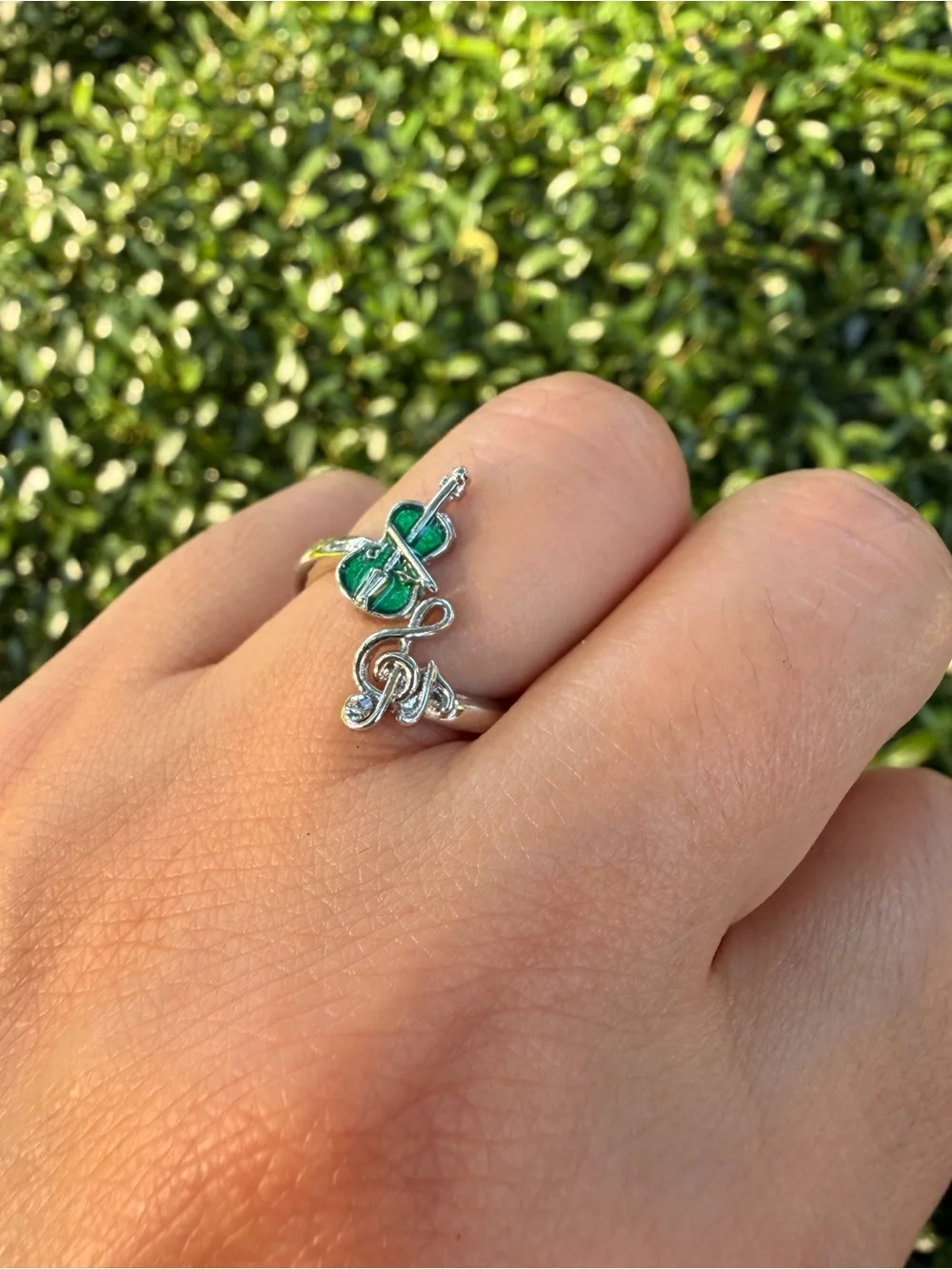 Silver Green Clover Open Ring