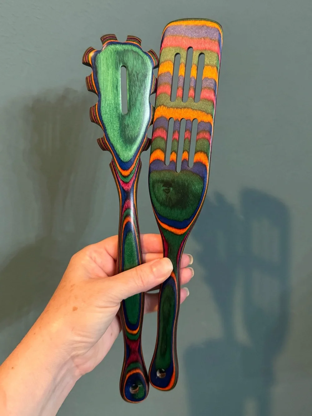 Pair of PAKKA Rainbow HARDWOOD UTENSILS - Spatula and Slotted Pasta Spoon