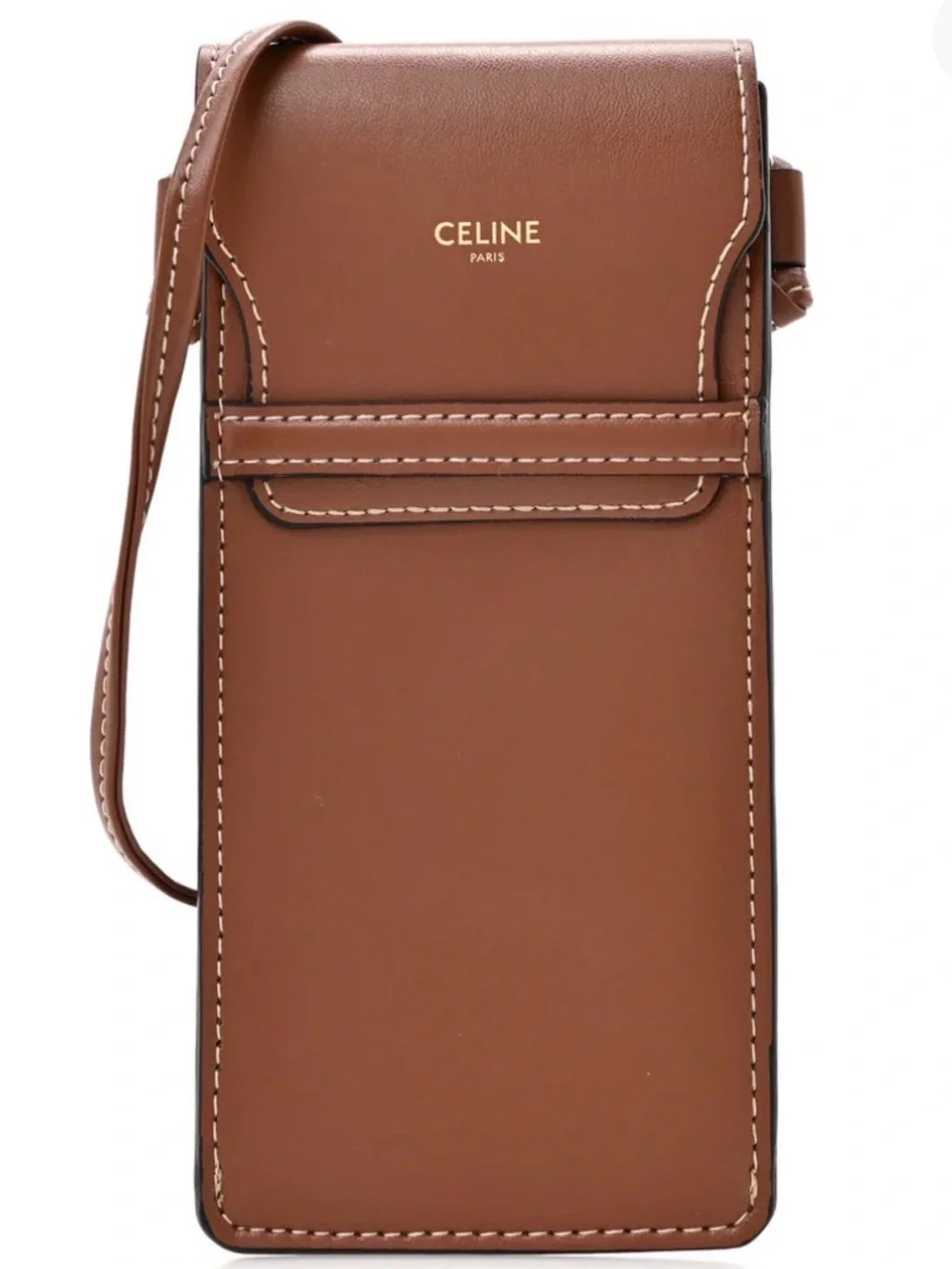 Celine Calfskin Leather Phone Pouch Tan with Flap
