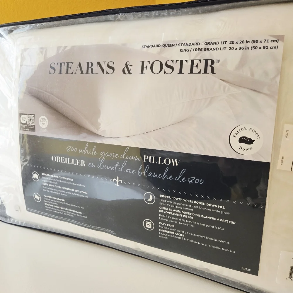 Stearns & Foster Luxurious 800 Fill Power White Goose Down Pillow Standard/Queen