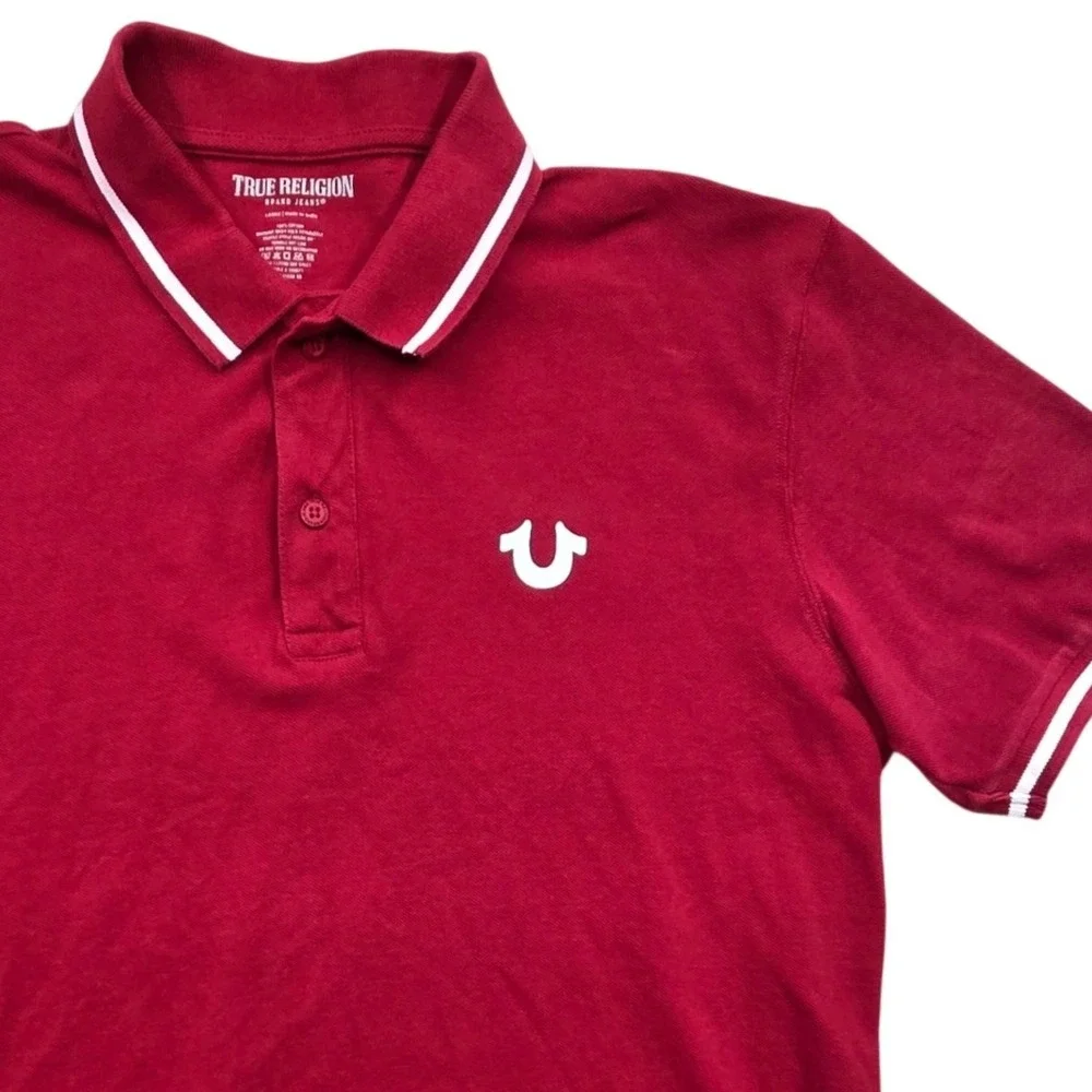 True Religion Red Short Sleeve Polo‎ Shirt Horseshoe Logo Mens Large *READ