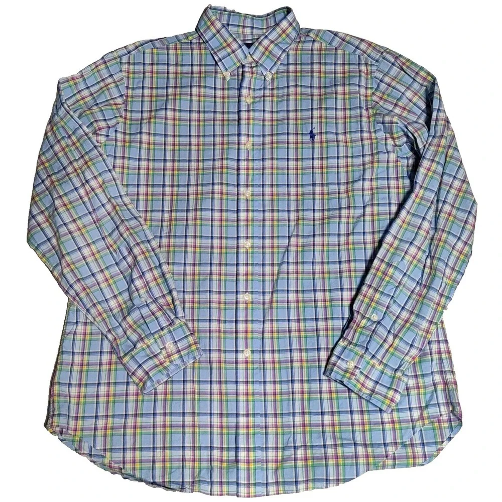 POLO RALPH LAUREN CLASSIC Men Large Blue Multi Plaid Button Long Sleeve Shirt‎