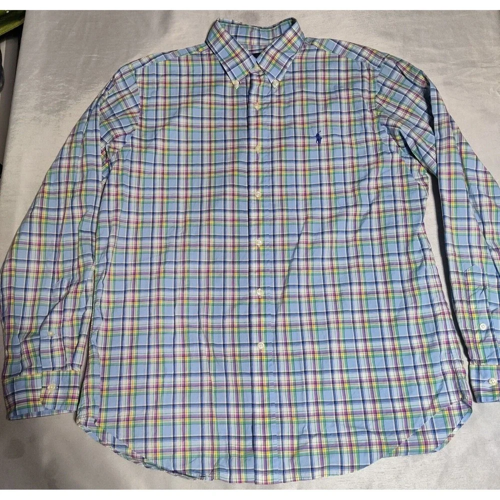 POLO RALPH LAUREN CLASSIC Men Large Blue Multi Plaid Button Long Sleeve Shirt‎