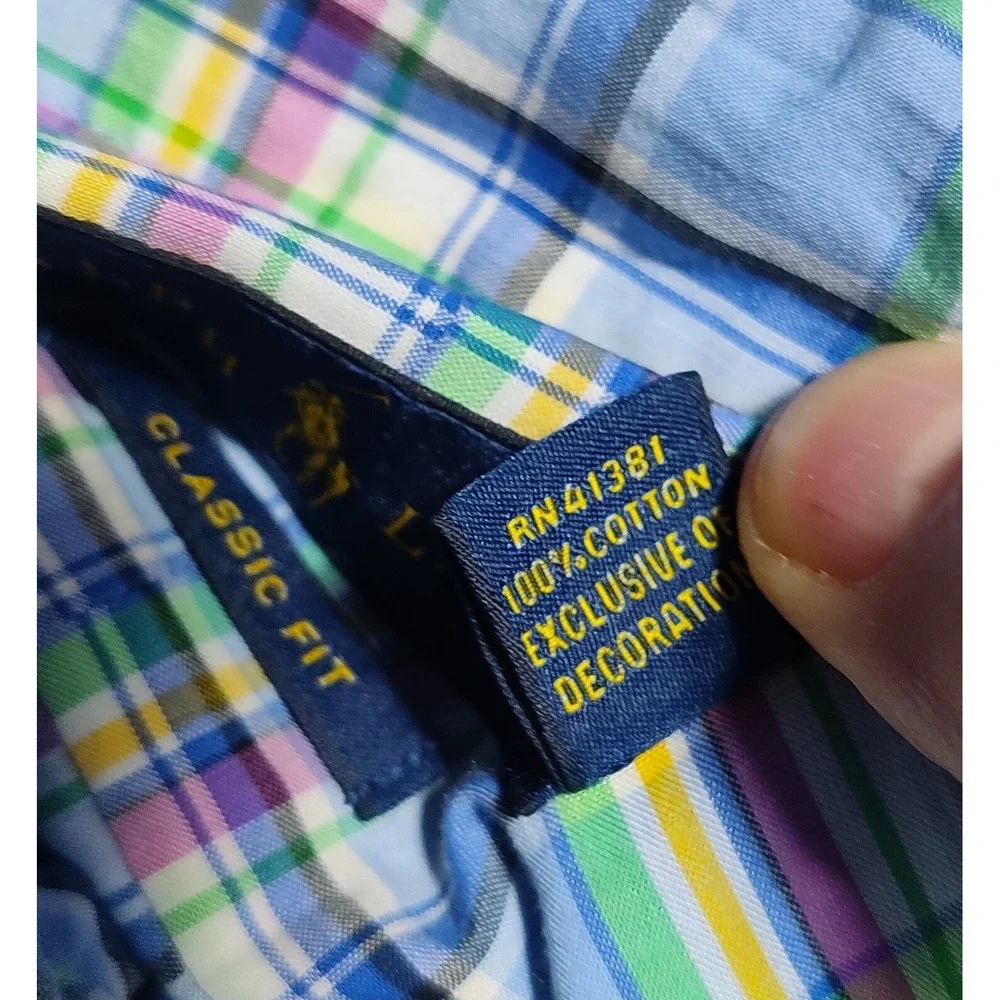 POLO RALPH LAUREN CLASSIC Men Large Blue Multi Plaid Button Long Sleeve Shirt‎
