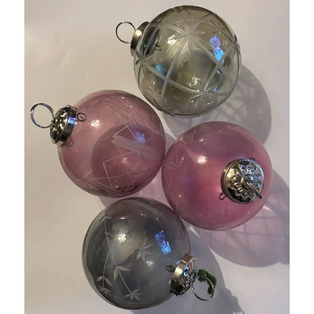 Vintage Pottery Barn Etched Glass Large Holiday Ornaments Set of 4