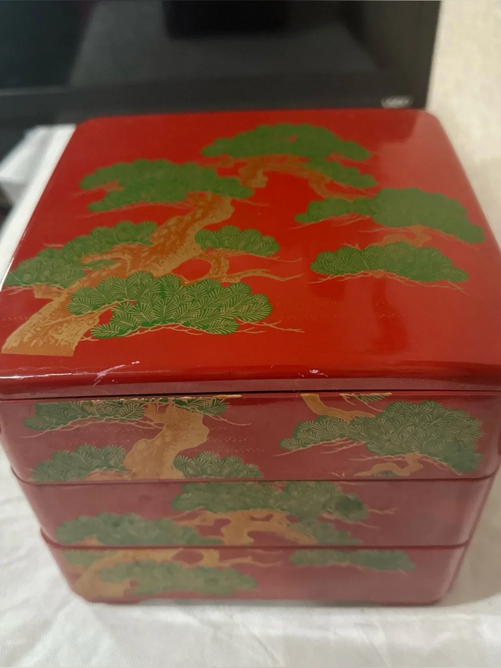 Vintage Japanese Lacquer Jubako Bento‎ Box 3 Tier Red Floral Stacking Box 7