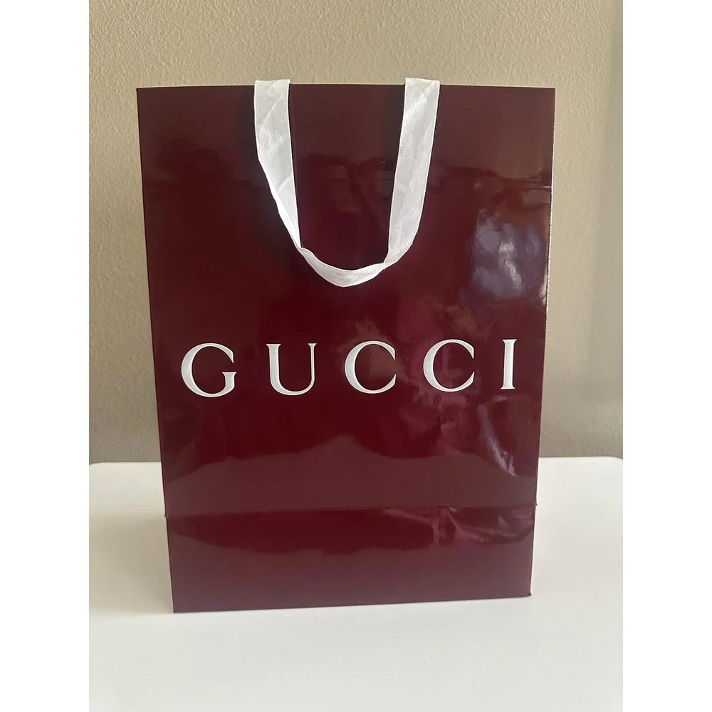Gucci Store Shopping Gift Bag Burgundy Glossy Paper‎ Large White Ribbon Handles