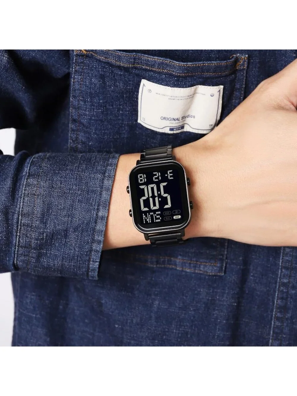 Unisex Black Analog Stainless Steel Waterproof Electronic Square Digital Watch
