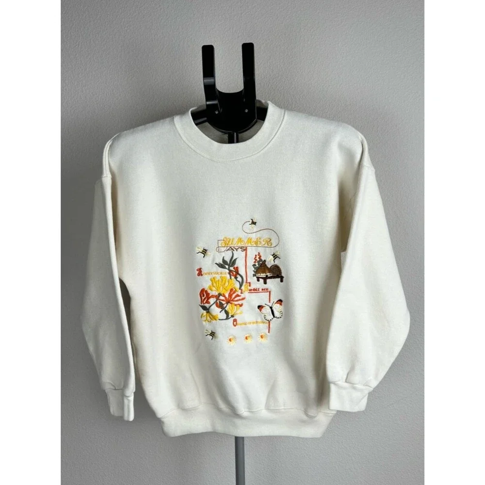 Vtg Acorn Leisure Sweatshirt Made in England Embroidered Cottagecore Cream S/M