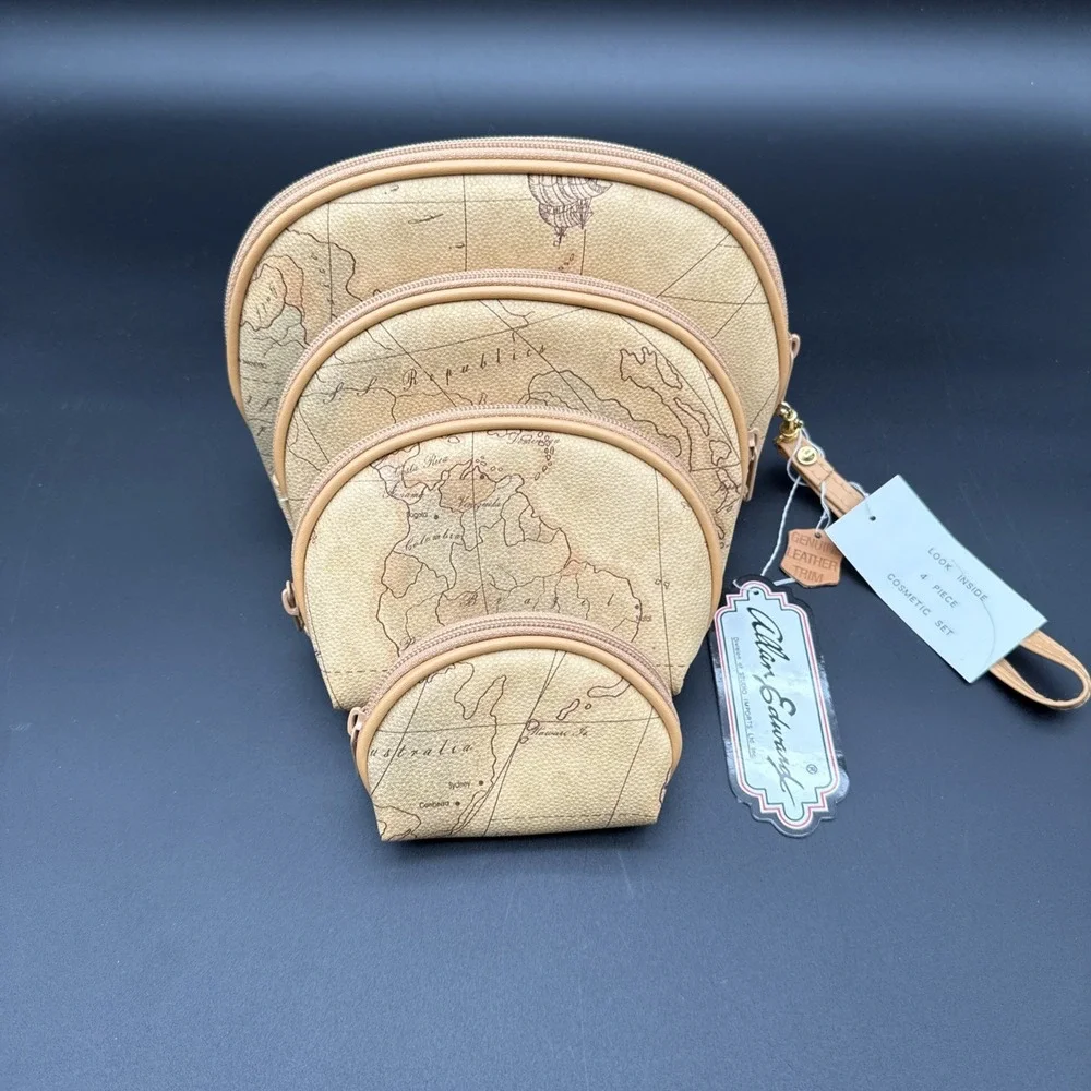 Nesting Doll Make Up Bag World Map Print - Leather Trim New With Tags Vintage