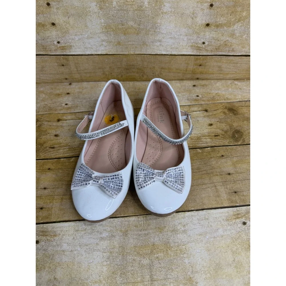 Link Comfort Kids White Patent Rhinestone Bow Mary Jane Dress Shoes Size 3