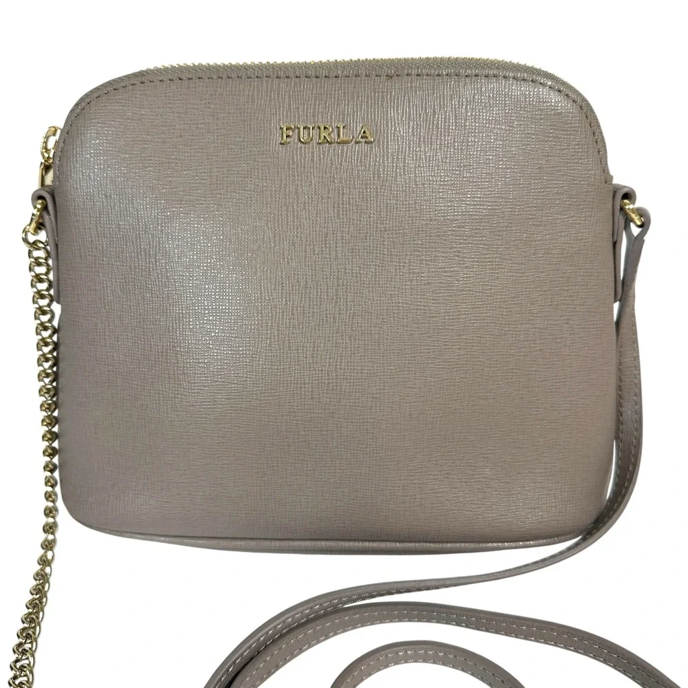 Furla Crossbody Bag Piper Saffiano Leather Chain Strap Gray OS Minimalist Chic