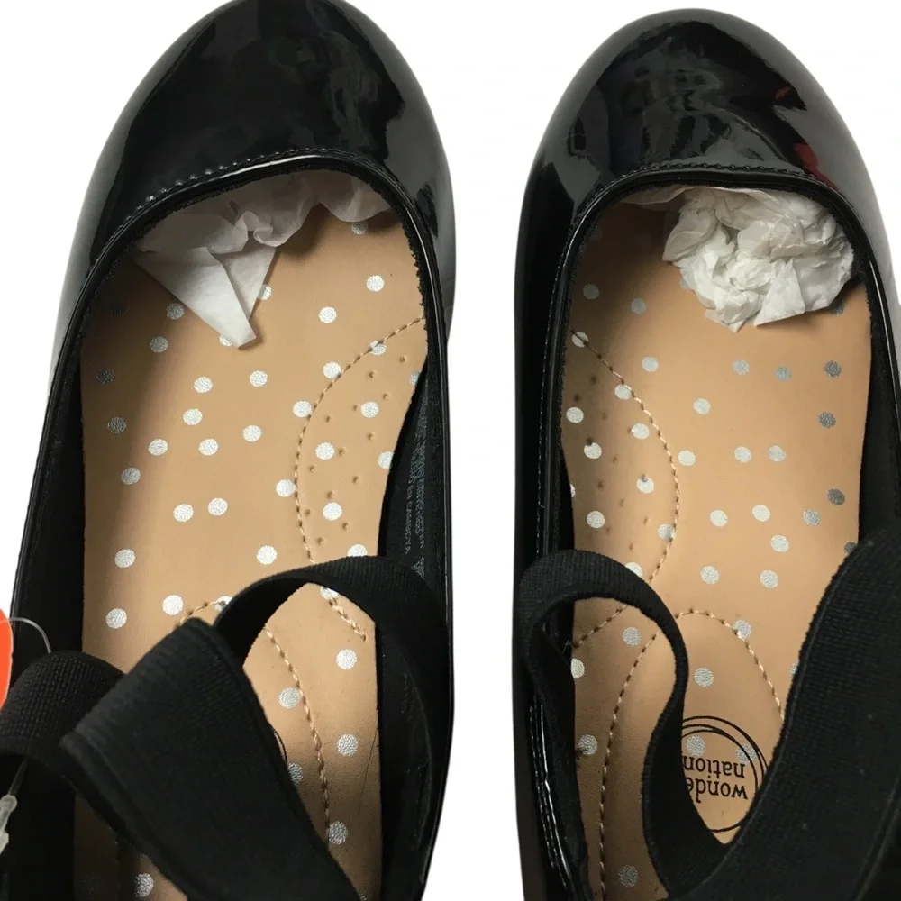 WONDER NATION Girl’s Ankle Ballet Dress Flat Elastic Straps Black Patent Size 13