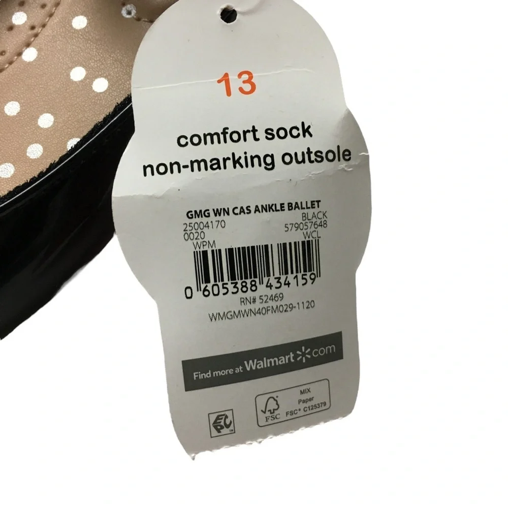 WONDER NATION Girl’s Ankle Ballet Dress Flat Elastic Straps Black Patent Size 13