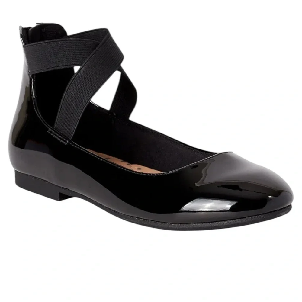 WONDER NATION Girl’s Ankle Ballet Dress Flat Elastic Straps Black Patent Size 13
